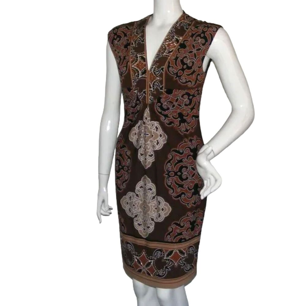 CACHE Dress, 6, Brown/Tan, Sleeveless, V-neck, Embellished, Back zipper - Picture 4 of 14